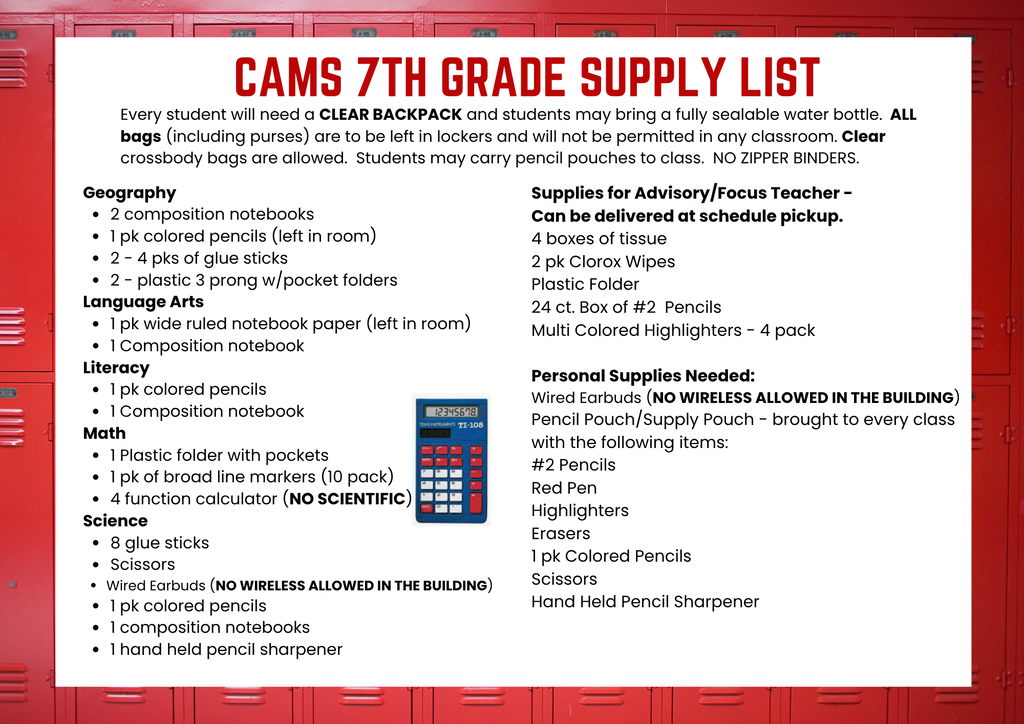 7th grade supply list