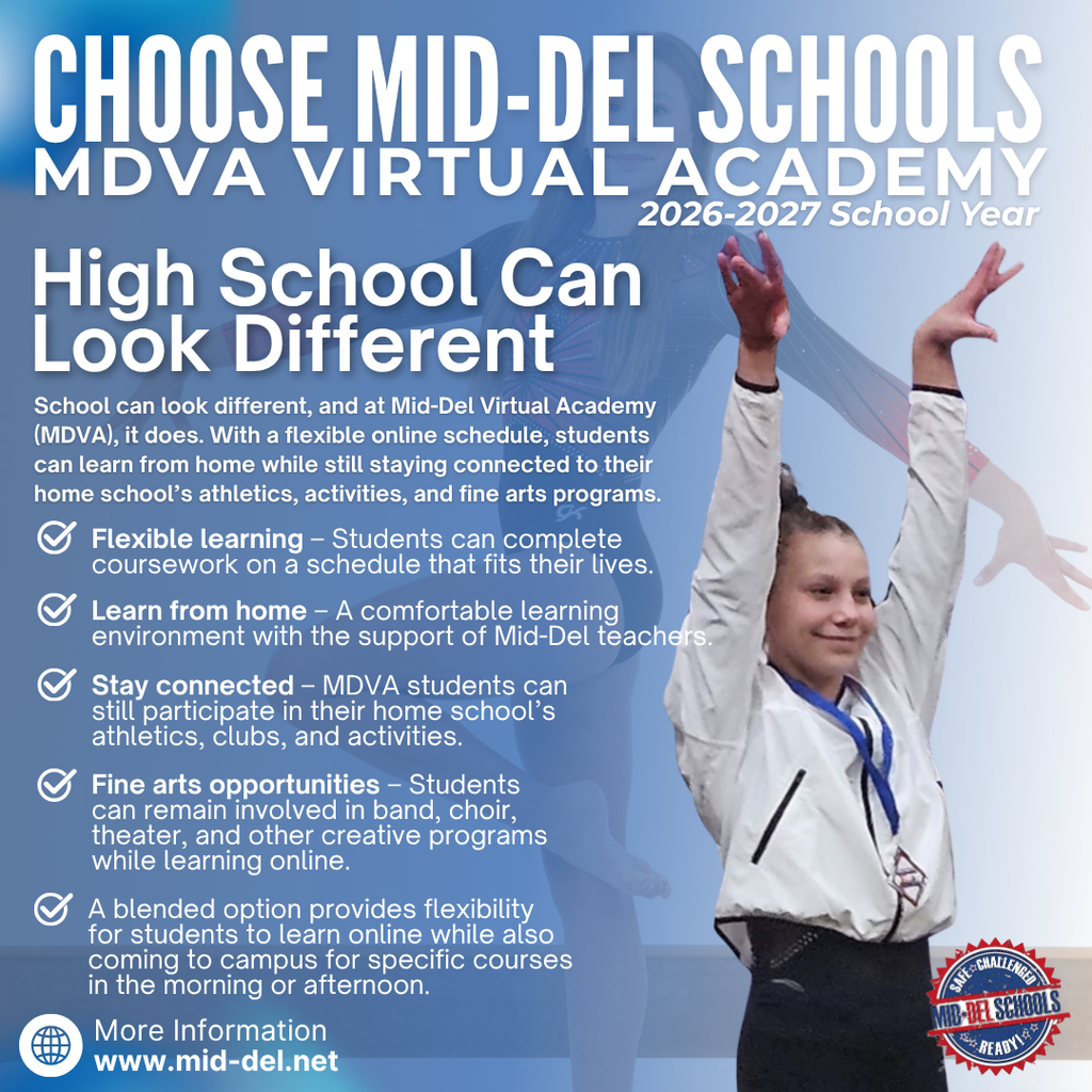 🎓💻 High School Can Look Different — And Still Keep You Connected! 💻🎓  At Mid-Del Virtual Academy (MDVA), students can enjoy the flexibility of online learning while staying involved in the high school experiences that matter most.  Whether you're balancing academics, activities, athletics, work, or personal goals, MDVA offers a flexible pathway that allows students to learn from home without missing out on opportunities at their home school.  ✔️ Flexible online coursework ✔️ Learn from home with support from certified Mid-Del teachers ✔️ Participate in athletics, clubs, and student activities ✔️ Stay involved in band, choir, theater, and fine arts programs ✔️ Blended options available for students who need specific on-campus courses  MDVA gives students the freedom to learn in a way that works best for them while remaining a valued part of the Mid-Del family.  📚 Enrollment for the 2026-2027 school year is now open.  📱 Learn more at www.mid-del.net  #ChooseMidDel #MDPurpose #OneDistrictOneFamily #MDVA #VirtualLearning #HighSchoolYourWay #ChooseMidDelSchools #Enrollment2026 #FutureReady #StudentSuccess