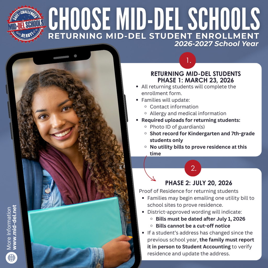 📣 2026-2027 Student Enrollment Reminder  It's time to complete enrollment for the upcoming school year! Returning Mid-Del families should check their email for their student's Snap Code and complete enrollment online as soon as possible.  ✅ Update contact, medical, and emergency information ✅ Upload required documents ✅ No utility bill is needed at this time to complete enrollment ✅ Pre-K and Kindergarten students must upload a current immunization record  Completing enrollment early helps us prepare for a successful school year and ensures your student's placement for 2026-2027.  🖥️ Enroll today: https://enrollment.powerschool.com/family/message?code=actionprivate  #ChooseMidDel #MDPurpose #OneDistrictOneFamily #BackToSchool #MidDelSchools