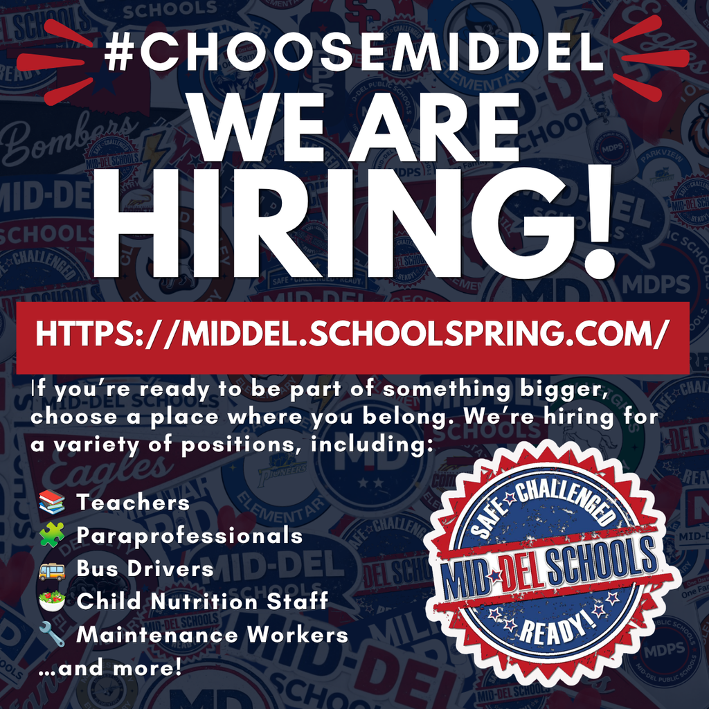🚨 We're Hiring! 🚨  Looking for more than just a job? Choose a career that makes a difference every day.  At Mid-Del Schools, we're building bright futures, supporting our community, and investing in our people. Whether you're a teacher, paraprofessional, bus driver, child nutrition team member, maintenance professional, or looking for another opportunity, there's a place for you in our Mid-Del family.  ❤️ Choose purpose. 💙 Choose impact. 🤍 Choose belonging.  Join our team today and see why so many choose Mid-Del!  Apply now: middel.schoolspring.com  #ChooseMidDel #MDPurpose #OneDistrictOneFamily #NowHiring #EducationCareers #JoinOurTeam