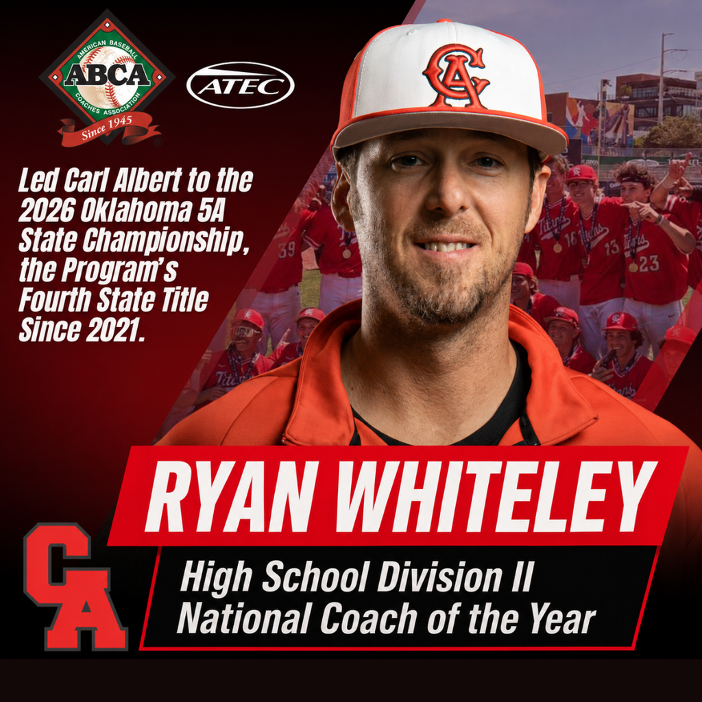 National recognition for a championship leader! Congratulations to Carl Albert High School Head Baseball Coach Ryan Whiteley on being named the 2026 ABCA/ATEC High School Division II National Coach of the Year! After leading the Titans to the 2026 Oklahoma Class 5A State Championship, the program's fourth state title since 2021, Coach Whiteley has earned one of the highest honors in high school baseball. Each year, the American Baseball Coaches Association (ABCA) and ATEC recognize the nation's top baseball coaches across collegiate and high school divisions. National Coach of the Year recipients are selected by fellow coaches through the ABCA's All-America & Coach of the Year committees, making this recognition especially meaningful among peers. Coach Whiteley will be honored on January 8, 2027, during the ABCA Convention in Chicago, where the nation's top baseball coaches will be recognized for their outstanding achievements. Congratulations, Coach Whiteley! Thank you for your leadership, dedication to student-athletes, and commitment to excellence.  We are proud to have you representing Carl Albert High School and Mid-Del Schools on the national stage! #MDPurpose #ChooseMidDel #OneDistrictOneFamily #Champions