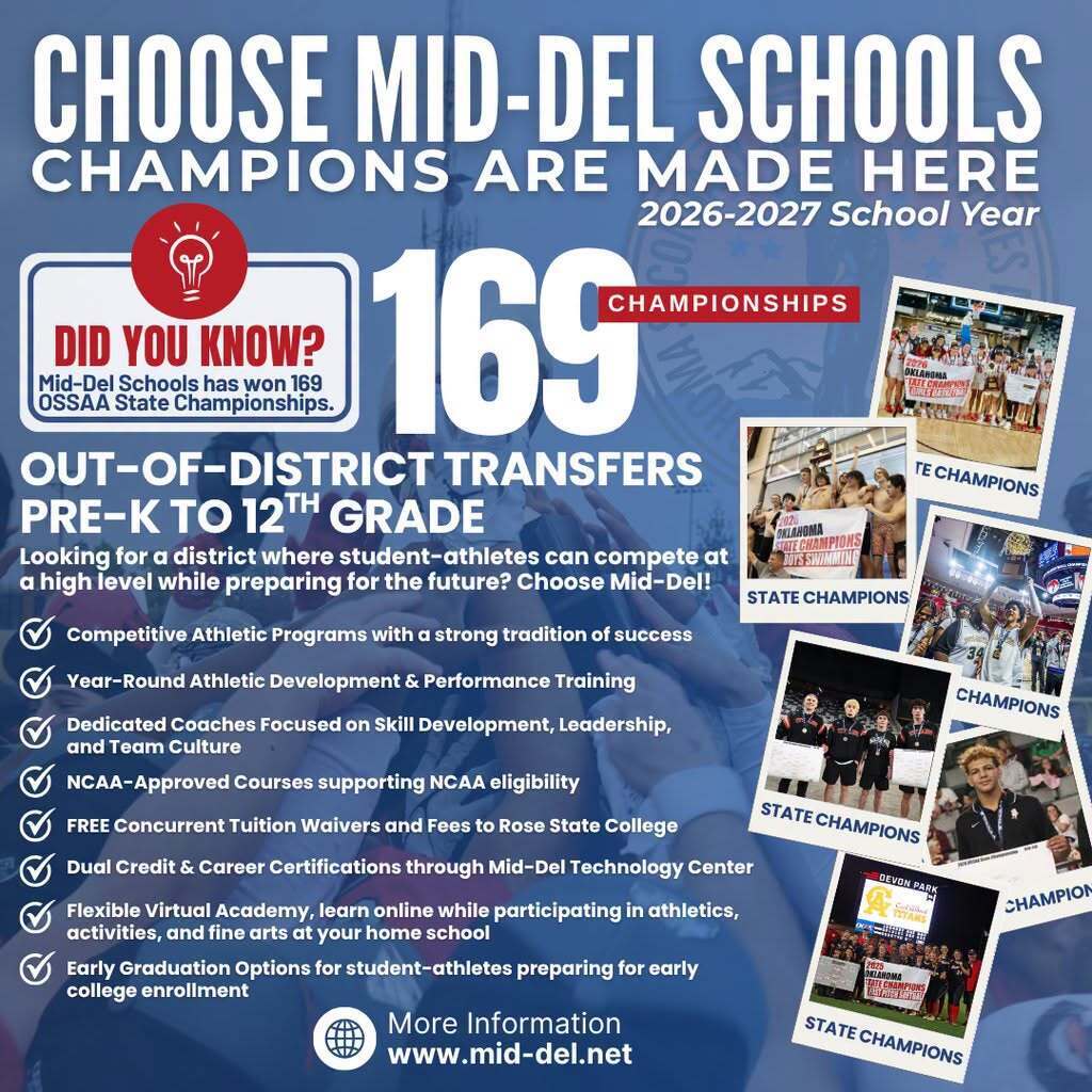 🏆 Champions Are Made Here.  Success doesn’t happen by accident; it’s built through hard work, dedication, and opportunity. With 169 OSSAA State Championships and a tradition of excellence in athletics, academics, fine arts, and student leadership, Mid-Del Schools is where students are challenged to grow and supported to succeed.  From championship programs and dedicated coaches to college credit opportunities, career certifications, and flexible learning options, Mid-Del provides students with the tools they need to compete today and lead tomorrow.  Choose a district where champions are made.  🔗 Learn more: www.mid-del.net  #ChooseMidDel #MDPurpose #OneDistrictOneFamily #ChampionsAreMadeHere #StudentSuccess #MidDelProud #StateChampions 