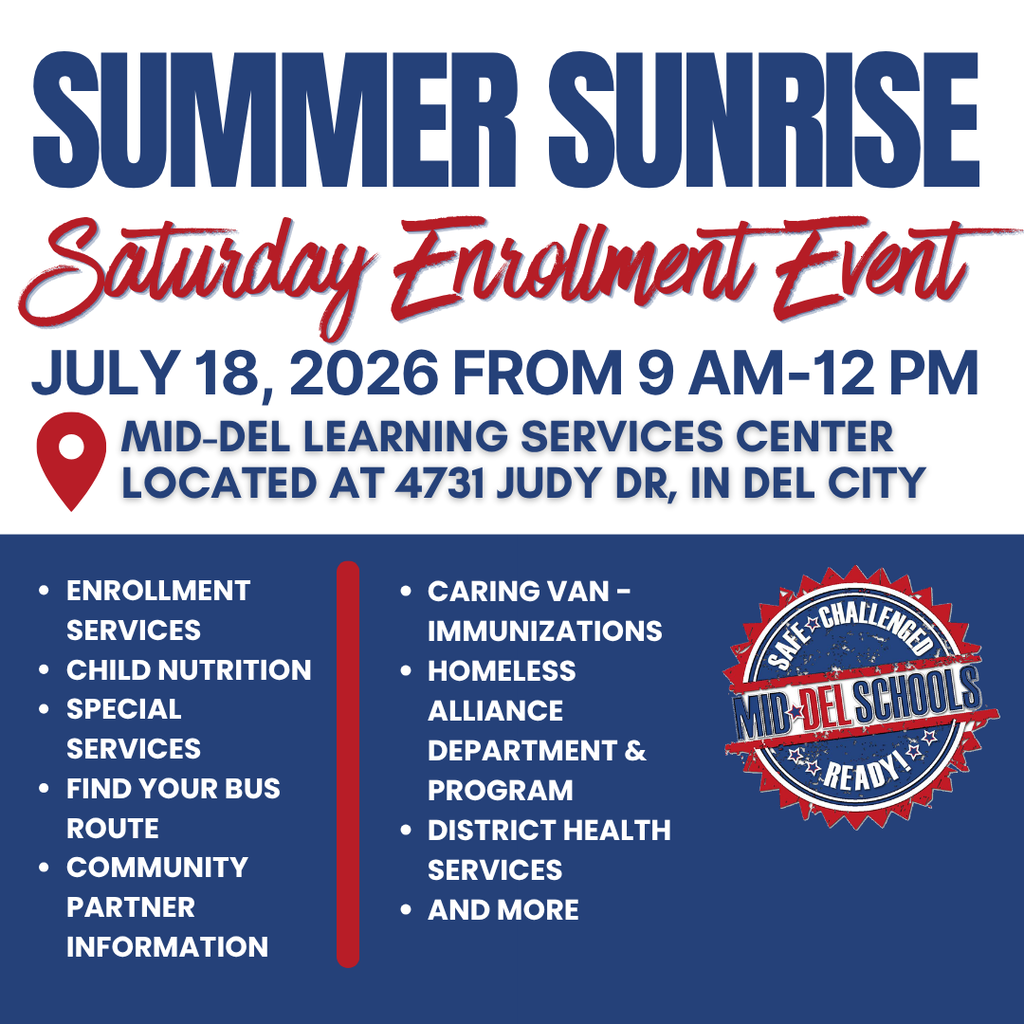 🌞 Summer Sunrise is Back! 🌞 Join us on Saturday, July 18, from 9 AM–12 PM at the Mid-Del Learning Services Center, located at 4731 Judy Drive in Del City. Summer Sunrise is designed to help families get a head start on the new school year! ✅ Enroll New Students ✅ Complete Phase I Enrollment for Returning Students ✅ Get Answers to Enrollment Questions ✅ Connect with Mid-Del Staff ✅ Access Helpful School & Community Resources Families should note that Phase II residency verification begins July 20 and will be completed through your child's school site. Summer Sunrise will focus on new student enrollment and Phase I enrollment support only. 📍 Mid-Del Learning Services Center 4731 Judy Drive, Del City 📅 Saturday, July 18 ⏰ 9 AM–12 PM Let's get connected, get enrolled, and get ready for an incredible school year. We look forward to seeing you there! #ChooseMidDel #OneDistrictOneFamily