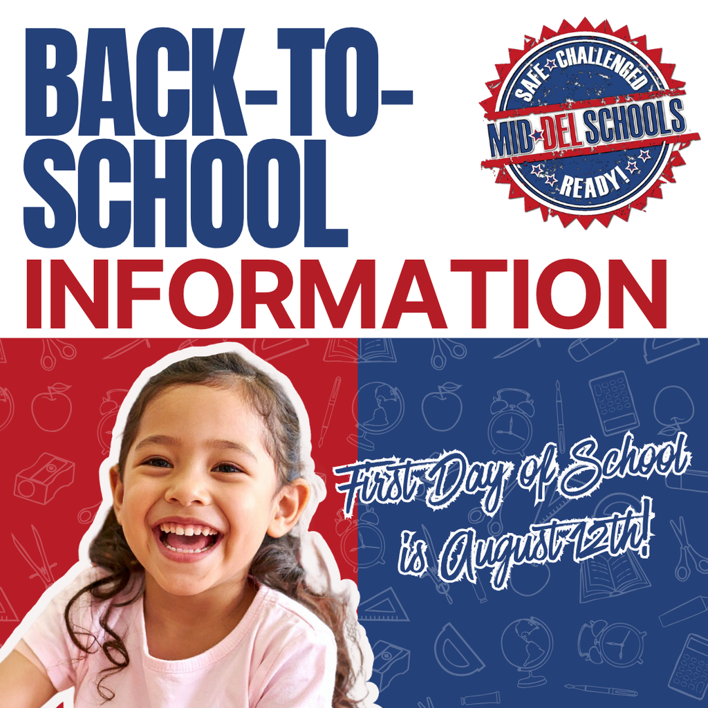 Back-to-School Information is Here! ✨  The first day of school is just around the corner, and we're excited to welcome students back on August 12!  Visit our website for everything you need to start the school year strong, including: ✅ School supply lists ✅ Enrollment information ✅ Schedule pickup details ✅ Important dates and updates ✅ And more!  Make sure you're ready for a great year ahead by checking out all the back-to-school resources in one convenient place.  We can't wait to see our students and families soon! ❤️💙  #ChooseMidDel #OneDistrictOneFamily #BackToSchool #MidDelProud #mdpurpose