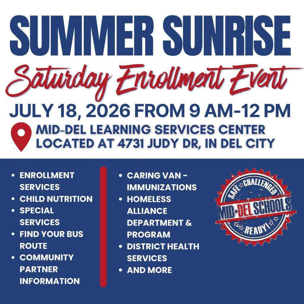 🌞 Summer Sunrise is Back! 🌞 Join us on Saturday, July 18, from 9 AM–12 PM at the Mid-Del Learning Services Center, located at 4731 Judy Drive in Del City. Summer Sunrise is designed to help families get a head start on the new school year! ✅ Enroll New Students ✅ Complete Phase I Enrollment for Returning Students ✅ Get Answers to Enrollment Questions ✅ Connect with Mid-Del Staff ✅ Access Helpful School & Community Resources Families should note that Phase II residency verification begins July 20 and will be completed through your child's school site. Summer Sunrise will focus on new student enrollment and Phase I enrollment support only. 📍 Mid-Del Learning Services Center 4731 Judy Drive, Del City 📅 Saturday, July 18 ⏰ 9 AM–12 PM Let's get connected, get enrolled, and get ready for an incredible school year. We look forward to seeing you there! #ChooseMidDel #OneDistrictOneFamily
