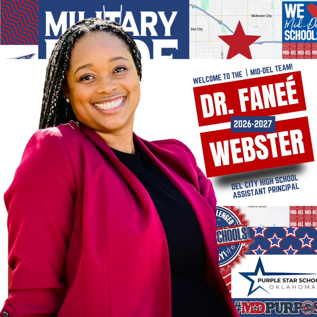 Congratulations to Dr. Faneé Webster! 🎉 The Mid-Del Board of Education has named Dr. Faneé Webster as Assistant Principal at Del City High School at the July 13, 2026 Board Meeting. A proud Carl Albert High School graduate, Dr. Webster brings a wealth of experience in special education administration, academic research, and classroom instruction to her new leadership role. Her career has included serving as the Director of Special Services for Guthrie Public Schools, a Post-Doctoral Research Fellow at Langston University, and a special education teacher in both Mid-Del Public Schools and Richardson ISD. With a passion for student success and educator support, Dr. Webster is dedicated to using evidence-based practices, collaborative leadership, and strong family partnerships to help all students reach their full potential. Please join us in welcoming Dr. Webster back home to Mid-Del and congratulating her on this exciting new opportunity at Del City High School! #MDPurpose #ChooseMidDel #OneDistrictOneFamily