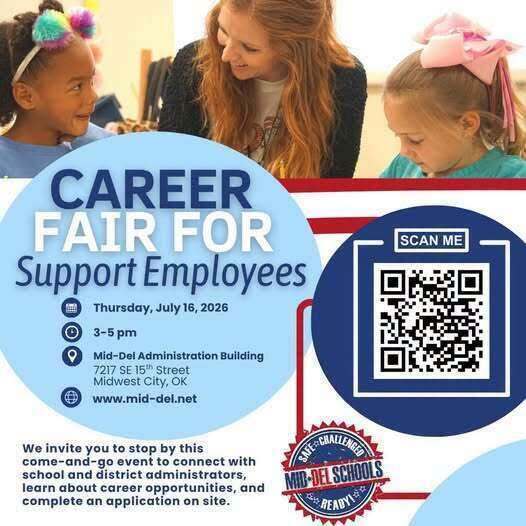 Today is the day! 🎉 We're hiring and we'd love to meet you! Join us at the Mid-Del Support Career Fair today from 3–5 p.m. at the Mid-Del Administration Building. Whether you're looking for a position in Transportation, Child Nutrition, Paraprofessionals, Clerical, Maintenance, Special Education, or other support roles, your next opportunity could be waiting at Mid-Del. Come see why so many people #ChooseMidDel! ❤️💙 #MidDelSchools #NowHiring #OneDistrictOneFamily #ChooseMidDel