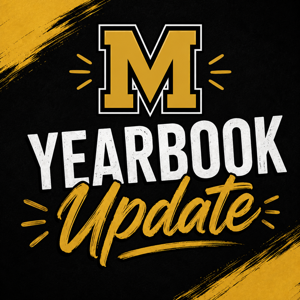 A square graphic with a black textured background and gold brushstroke accents. A large gold and black “M” logo is centered near the top. Below it, the words “Yearbook Update” appear in large white and gold lettering.
