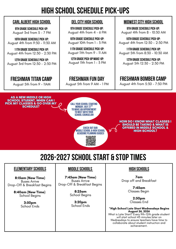 Back-to-school season is here, Mid-Del! The countdown is on! We can't wait to welcome our students, staff, and families back for the first day of school on Wednesday, August 12. To help make the start of the school year as smooth as possible, we've created a Back-to-School Resource Page with everything you need in one place, including: ✅ Important back-to-school information ✅ School supply lists ✅ District calendar ✅ Meet the Teacher Night details ✅ Schedule pick-up dates ✅ School start and end times …and more! We're committed to providing the resources your family needs so you can start the year with confidence. Here's to another year of learning, growth, and unforgettable memories. ❤️💙 One District. One Family. #ChooseMidDel #BackToSchool #OneDistrictOneFamily #MDPurpose