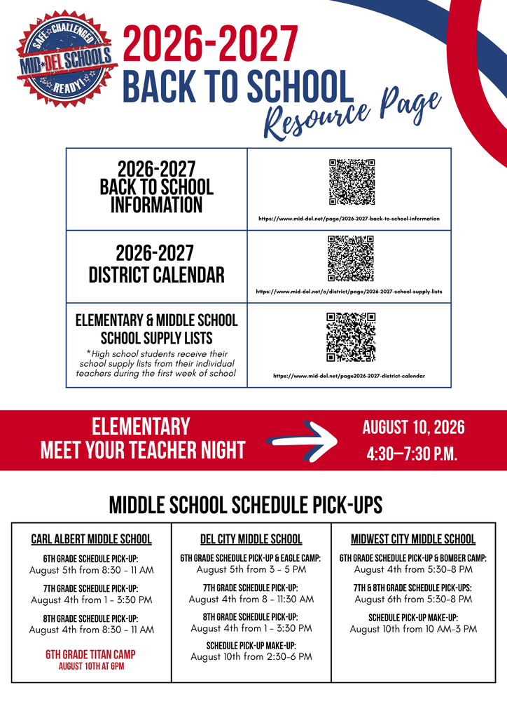 Back-to-school season is here, Mid-Del! The countdown is on! We can't wait to welcome our students, staff, and families back for the first day of school on Wednesday, August 12. To help make the start of the school year as smooth as possible, we've created a Back-to-School Resource Page with everything you need in one place, including: ✅ Important back-to-school information ✅ School supply lists ✅ District calendar ✅ Meet the Teacher Night details ✅ Schedule pick-up dates ✅ School start and end times …and more! We're committed to providing the resources your family needs so you can start the year with confidence. Here's to another year of learning, growth, and unforgettable memories. ❤️💙 One District. One Family. #ChooseMidDel #BackToSchool #OneDistrictOneFamily #MDPurpose