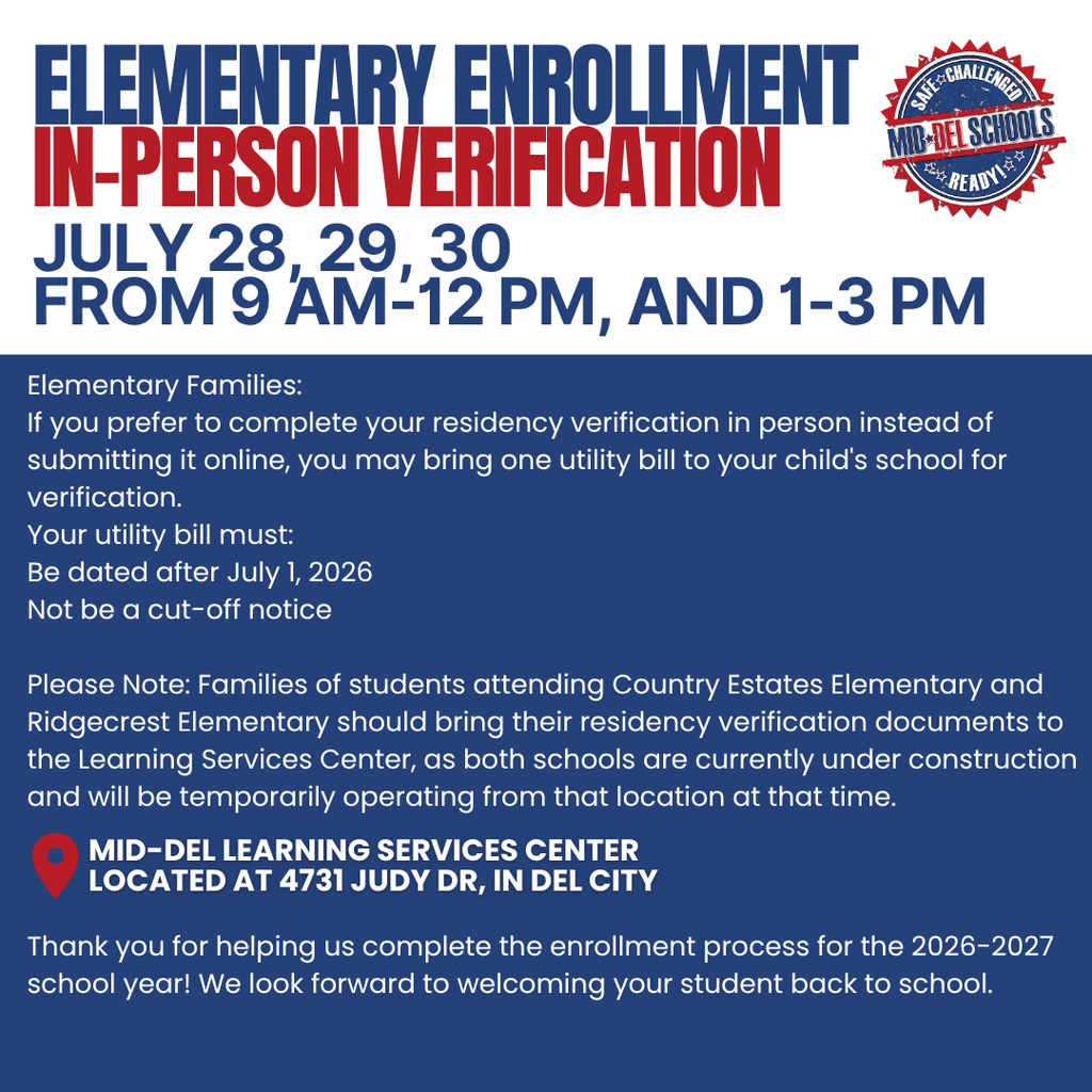 Elementary families: Need to complete Phase 2 enrollment? If you'd rather verify your residency in person instead of online, we're here to help!  📅 July 28–30 🕘 9 a.m.–12 p.m. & 1–3 p.m.  Bring one utility bill that: ✔️ Is dated after July 1, 2026 ✔️ Is not a cut-off notice  📍 Country Estates Elementary and Ridgecrest Elementary families should complete in-person verification at the Mid-Del Learning Services Center (4731 Judy Dr., Del City) while their campuses are under construction.  💻 Prefer to submit your utility bill by email? Email one qualifying utility bill to your child's school using the addresses below:    Barnes – barnes@mid-del.net Cleveland Bailey – cbe@mid-del.net Country Estates – cee@mid-del.net Del City Elementary – dce@mid-del.net Epperly Heights – ehe@mid-del.net Midwest City Elementary – mwce@mid-del.net Parkview – pve@mid-del.net Pleasant Hill – phe@mid-del.net Ridgecrest – rce@mid-del.net Schwartz – schwartz@mid-del.net Soldier Creek – sce@mid-del.net Tinker – tinker@mid-del.net Townsend – townsend@mid-del.net Thank you for helping us complete enrollment for the 2026–2027 school year. We can't wait to welcome our students back soon! ❤️💙  #ChooseMidDel #OneDistrictOneFamily #MDPurpose