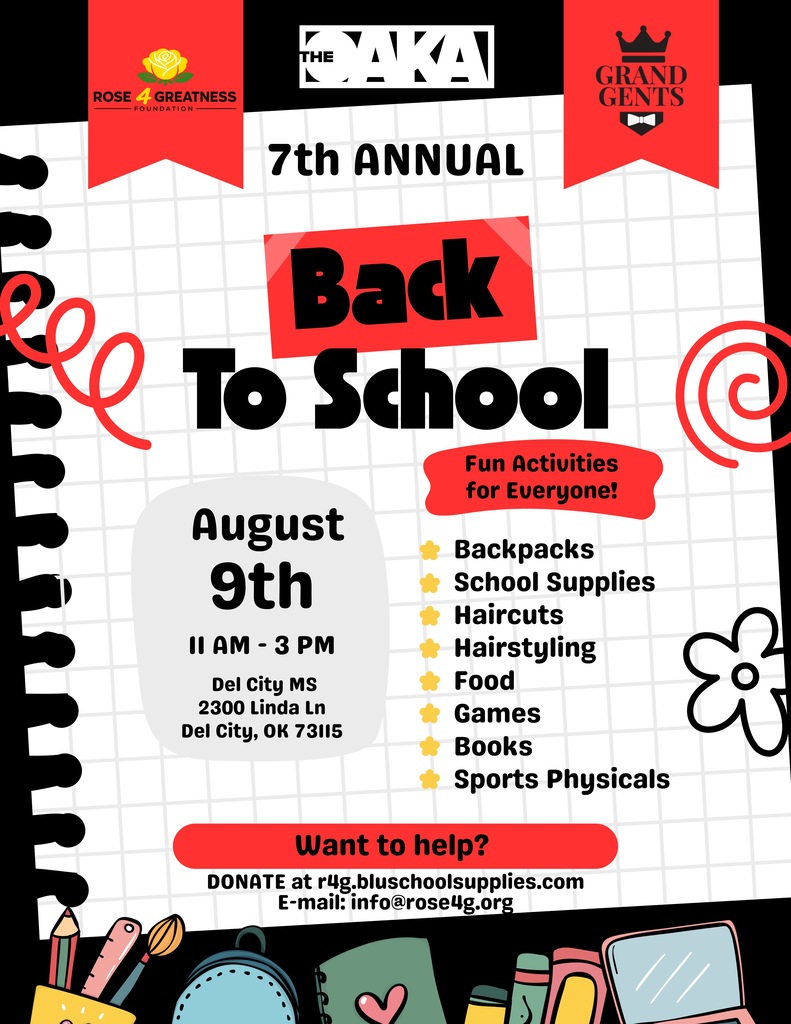 This is a flyer that stating on August 9, from 11am to 3pm will be the DCMS Back to School event.  The flyer lists what is offered during this event.  The list includes backpacks, school supplies, haircuts, hairstyling, food, games, books, and sports physicals.  