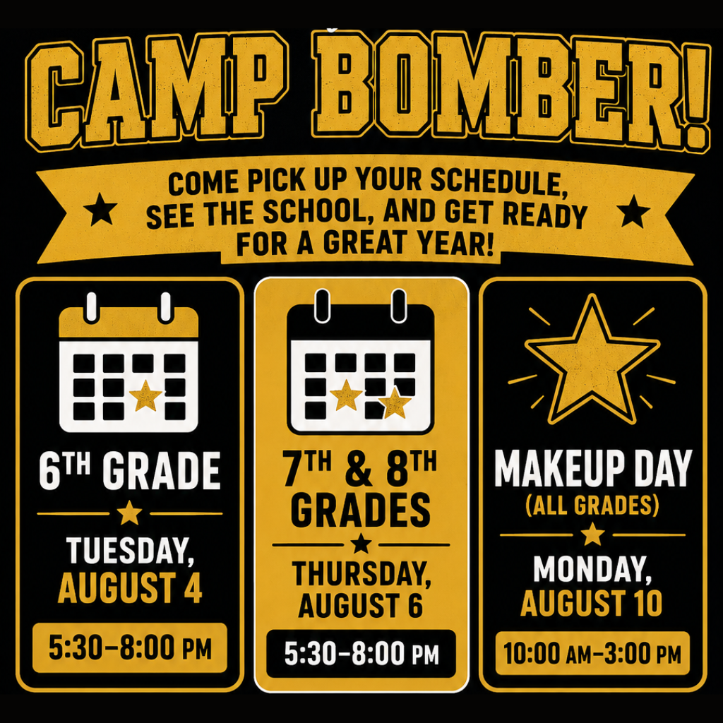 A black-and-gold graphic announcing that yearbooks have arrived. Large gold text at the top reads, “Yearbooks Have Arrived!” The graphic explains that families who ordered online can pick up their yearbooks this week in the main office between 9:00 a.m. and 2:00 p.m. It also states that yearbooks will be available for pickup and purchase during Camp Bomber. A yearbook with a large gold-and-black “M” is shown on the right, and the graphic ends with a message thanking families for their patience and understanding.
