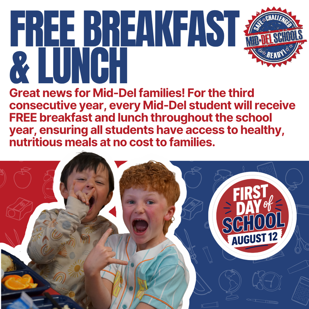 🍎 Great news, Mid-Del families! 🥛  For the third consecutive year, every Mid-Del student will receive FREE breakfast and lunch throughout the school year!  We believe every student deserves access to nutritious meals so they can stay focused, energized, and ready to learn. It's one more way we're investing in our students and supporting our families.  We can't wait to welcome everyone back on August 12 for another incredible year!  #ChooseMidDel #OneDistrictOneFamily #MidDelSchools #BackToSchool #FreeMeals #MDPurpose