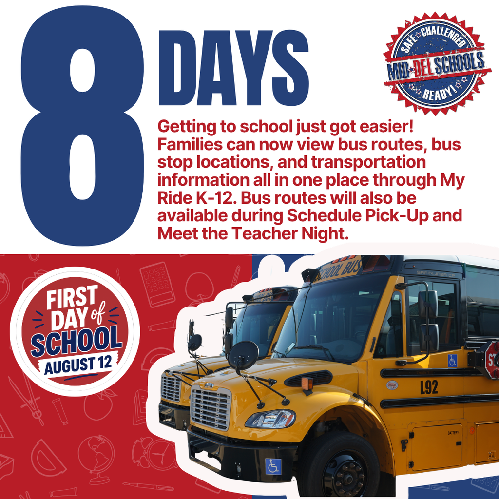 Getting to school just got easier! Families can now view bus routes, bus stop locations, and transportation information all in one place through My Ride K-12.  🚍 Bus routes will also be available during Schedule Pick-Up and Meet the Teacher Night.  🚗 If your child is a car rider or walker, watch for important arrival and dismissal procedures from your child's school. Please remember that new car rider hang tags and student dismissal tags are issued every school year, so last year's tags are no longer valid.  📱 Set up your My Ride K-12 account today and be one step closer to a smooth first day of school!  #ChooseMidDel #OneDistrictOneFamily #MDPurpose