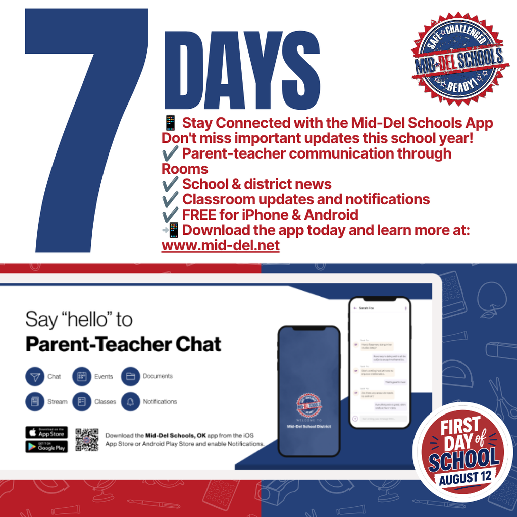 ⏰ Back-to-School Countdown: 7 Days to Go! We're counting down to the first day of school on August 12 with important reminders to help your family start the year strong! 📱 Today's Reminder: Stay Connected with the Mid-Del Schools App! The Mid-Del Schools App is your one-stop shop for staying informed all year long. With the app, you can: ✅ Receive important district and school updates ✅ Communicate directly with your child's teacher through Rooms ✅ Stay up to date on classroom announcements ✅ Get notifications so you never miss important information ✅ Access school news, events, and more—all in one place Best of all, the app is FREE and available for both iPhone and Android devices. Download it today and stay connected wherever you are! Need help getting started with Rooms? Visit our Parent FAQ and support page on our website: 🔗 https://www.mid-del.net/page/community-relations-and-communication #ChooseMidDel #OneDistrictOneFamily #MDPurpose