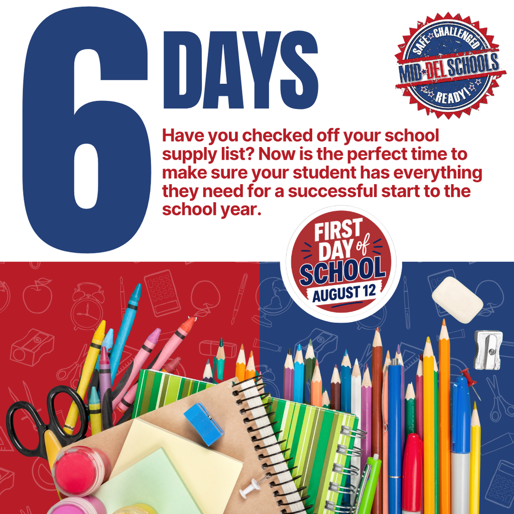 ⏰ Back-to-School Countdown: 6 Days to Go! We're counting down to the first day of school on August 12 with important reminders to help your family get ready! 🎒 Today's Reminder: School Supplies! Have you checked off your school supply list? Now is the perfect time to make sure your student has everything they need for a successful start to the school year. Need a supply list? We've got you covered! 🔗 Find your child's school supply list and all of your back-to-school information here: https://www.mid-del.net/page/2026-2027-back-to-school-information Let's get ready for an amazing 2026-2027 school year! #ChooseMidDel #OneDistrictOneFamily #MDPurpose