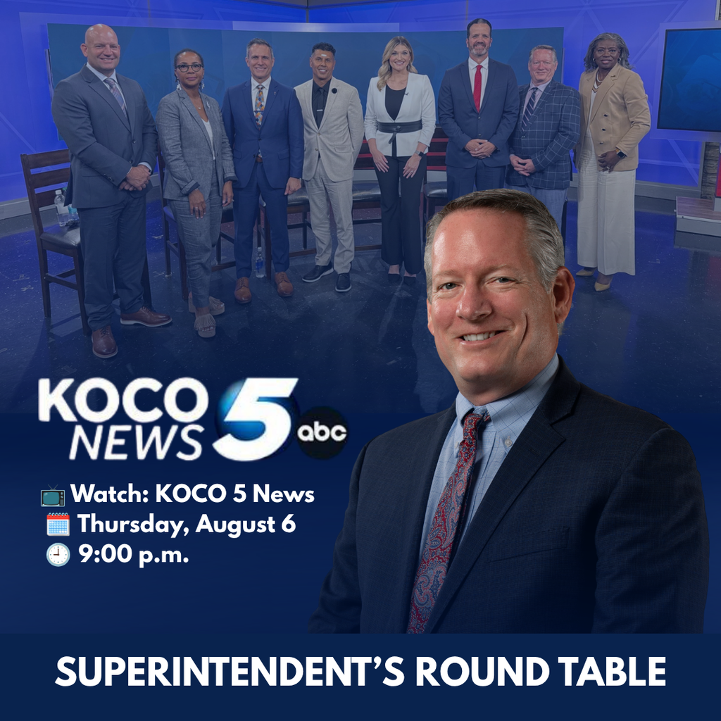 A news program announcement for Superintendent's Roundtable with a man in front and seven people in business attire behind him.
