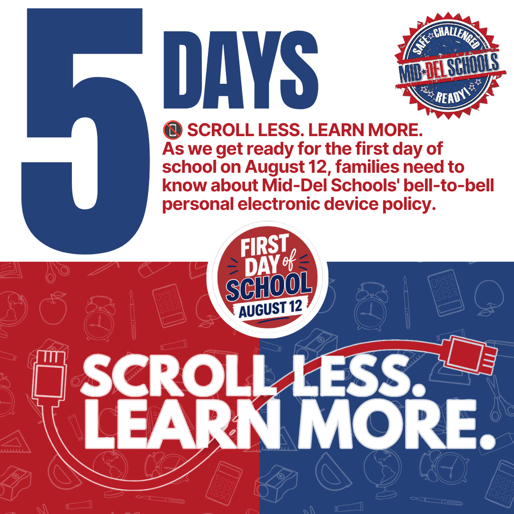 Poster showing "5 DAYS" with blue text. A red icon reads "First Day of School August 12."
