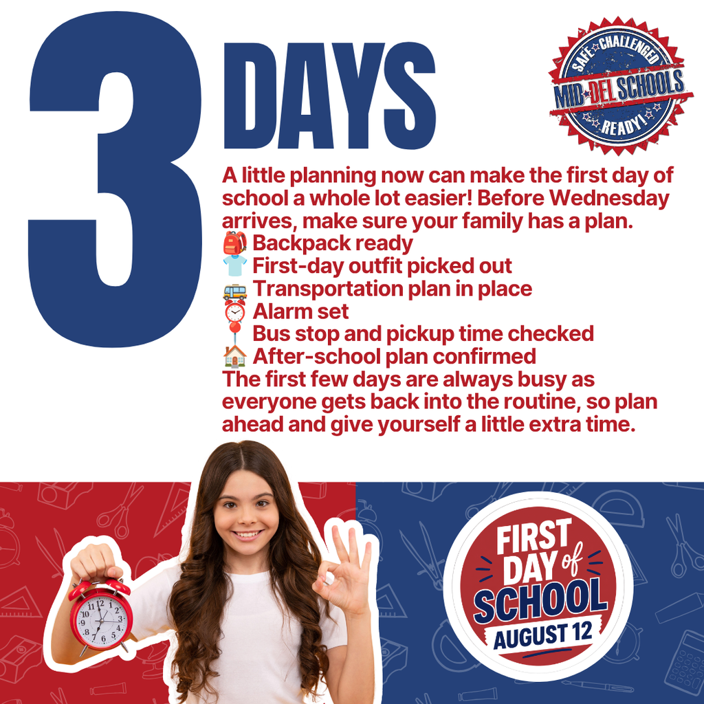 A young girl with a peace sign holds an alarm clock. Text lists tips for the first day of school.