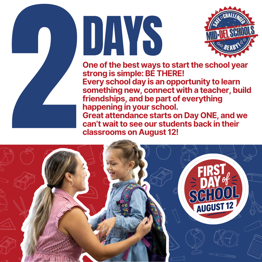 An ad shows two girls; one holds a backpack while the other looks on. Text reads: "2 Days" and "First Day of School August 12".
