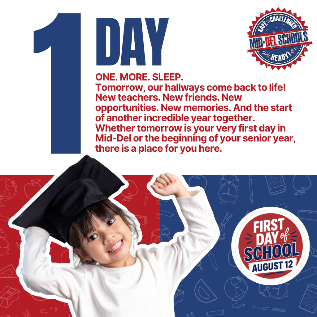 Poster showing a child in a cap celebrating. The text reads "1 Day" and "First Day of School August 12."