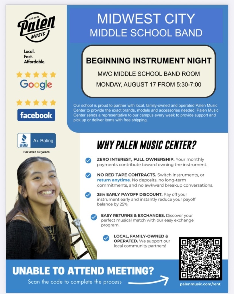 Poster with blue background. An image of a young woman holding a trombone. Information about the Midwest City Middle School Band.