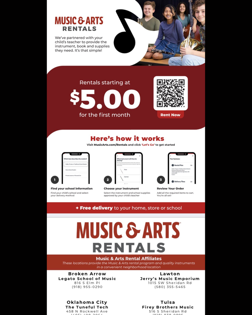 A poster advertising Music & Arts Rentals, featuring a QR code, a list of steps, and logos of music schools.