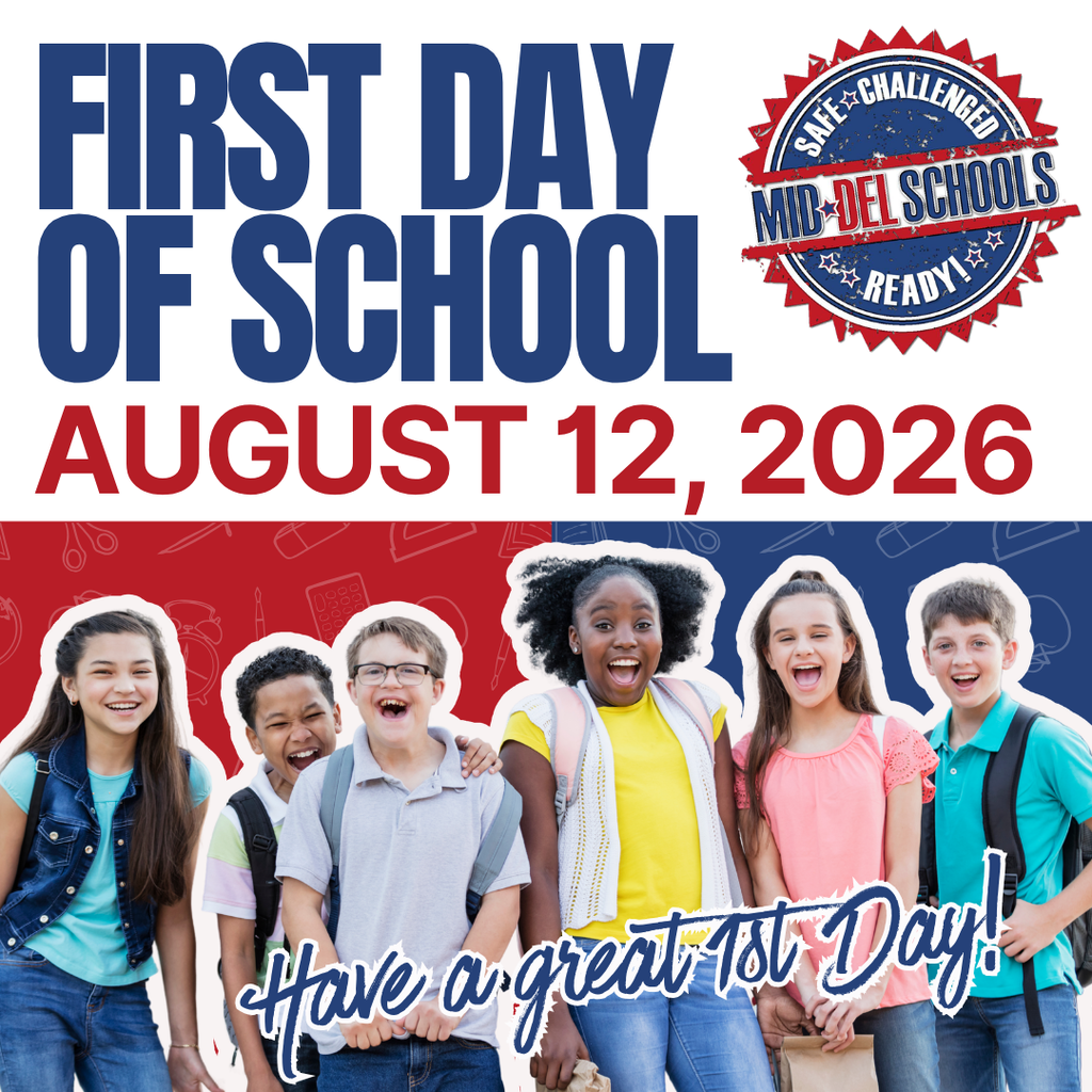Group of children in front of a poster with "First Day of School August 12, 2026" text.