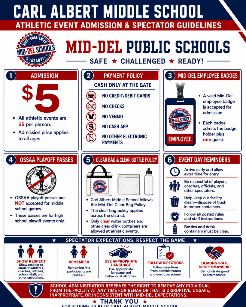 Guidelines for Carl Albert Middle School athletic events include a $5 admission fee, cash-only payments, and no electronic payments. Badges are required for employees and guests.