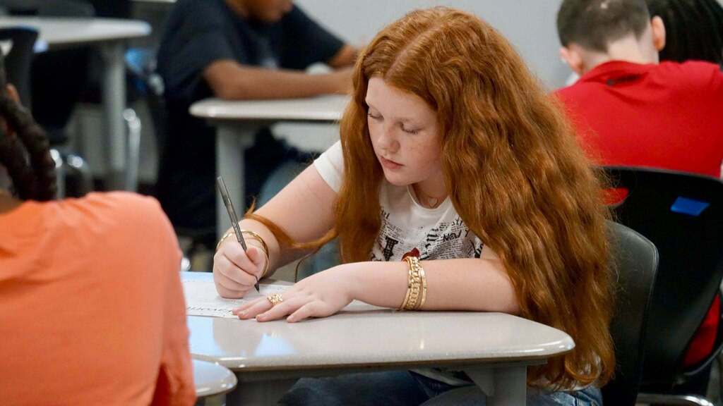 A young person with long, curly hair sits at a desk, writing on a piece of paper.