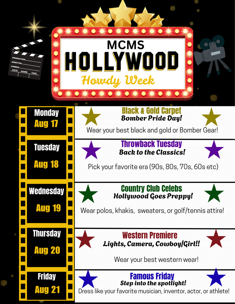 A poster titled "MCMS HOLLYWOOD" with "Howdy Week" at the bottom. Five days of themed dress codes for students.