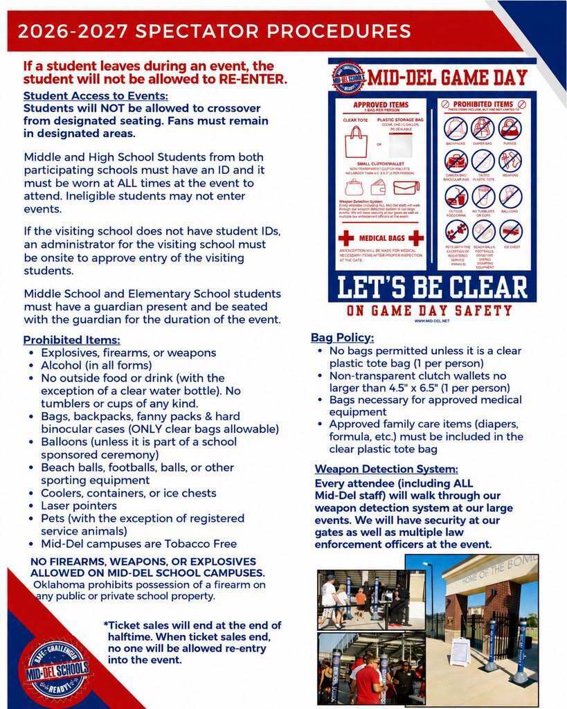 A document titled "2026-2027 Spectator Procedures" outlines rules for student attendees, prohibited items, bag policy, and weapon detection.