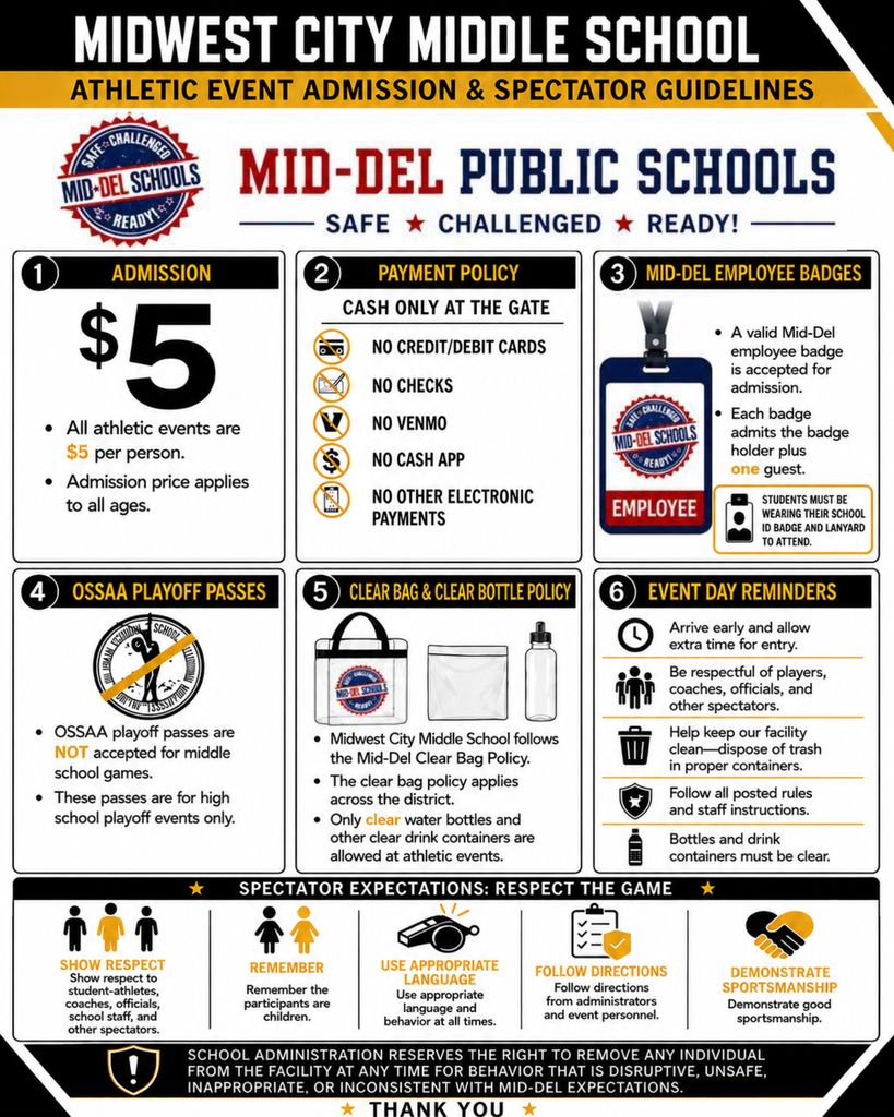 Information on Midwest City Middle School athletic events. Admission is $5 per person. Payment options include cash only. Bags and bottles are not allowed.