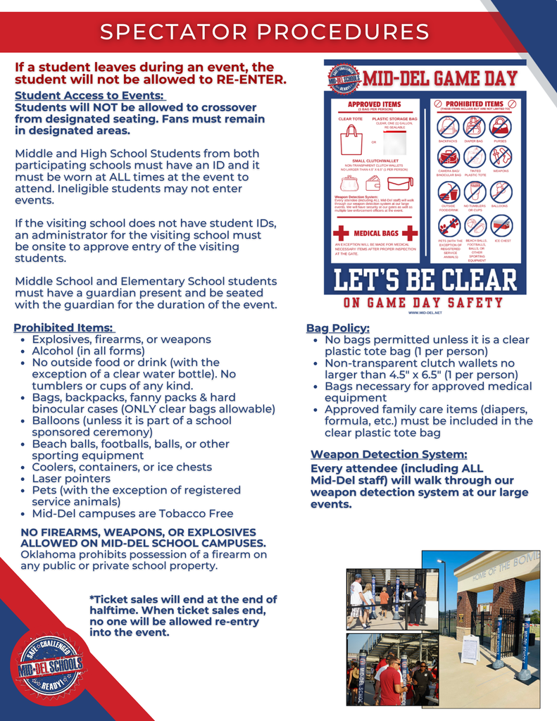 An informational poster titled "Indoor Spectator Procedures" with guidelines, prohibited items, and safety policies for a Mid-Del Event Day.
