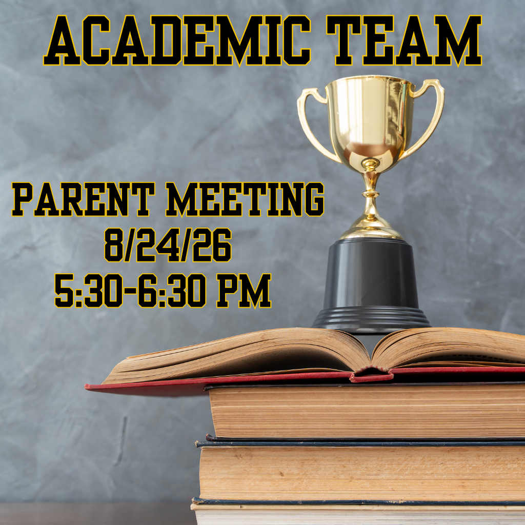 A trophy sits atop a stack of books. The text "Academic Team Parent Meeting 8/24/26 5:30-6:30 PM" is in yellow.