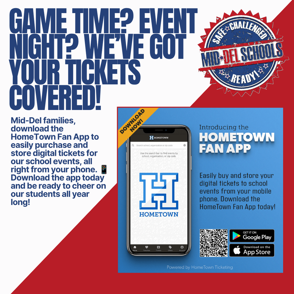 An ad with a red and white background promotes a fan app for school events. It shows a phone screen displaying the app logo.