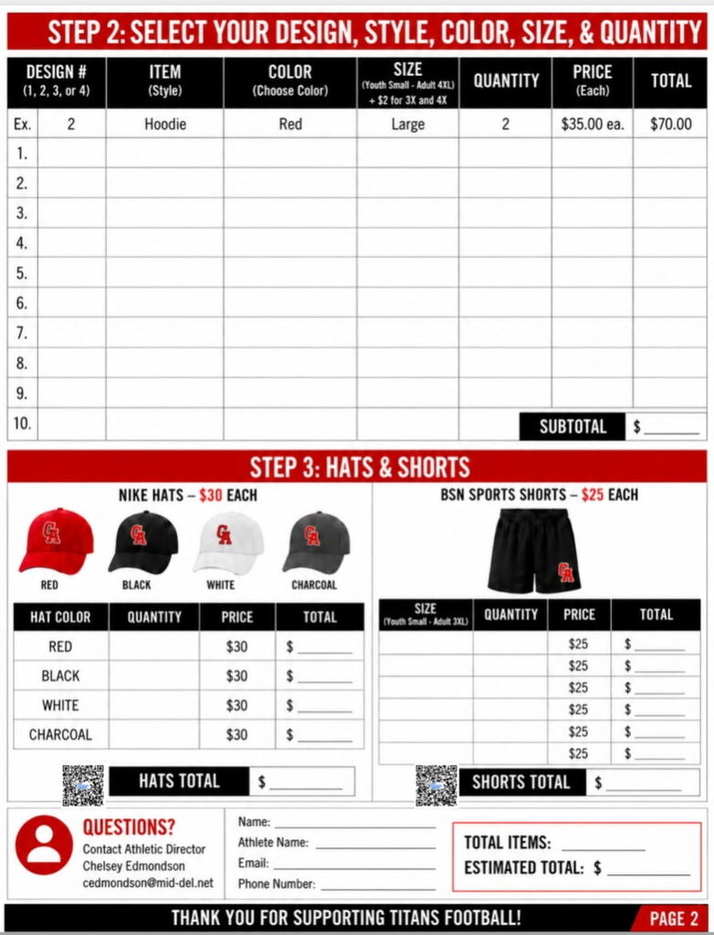 A table lists options for selecting items like hats and shorts, with columns for item, quantity, size, color, price, and total.