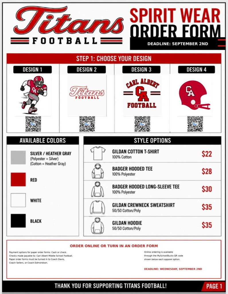 Document with Titans football text, order form, color and style options, designs, and QR codes for selecting designs.