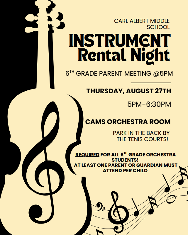 An announcement for Instrument Rental Night features a violin and musical notes against a black background.