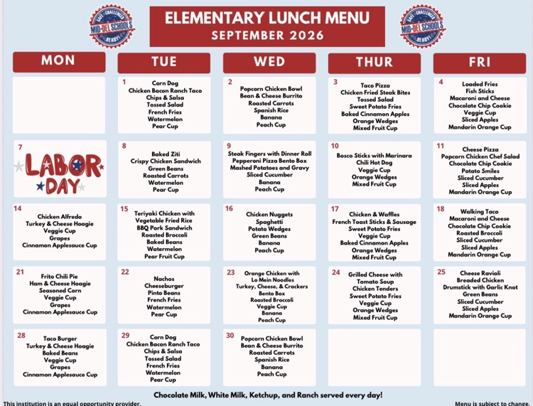 September breakfast and lunch menu