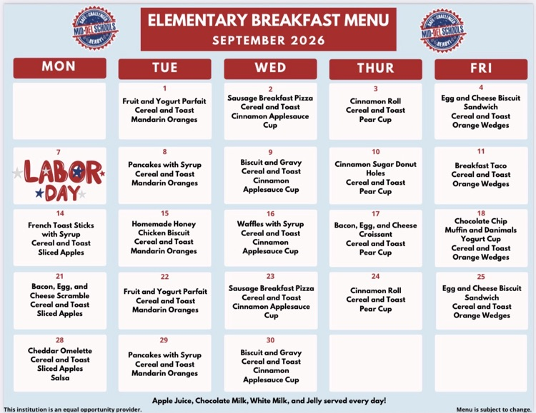 September breakfast and lunch menu