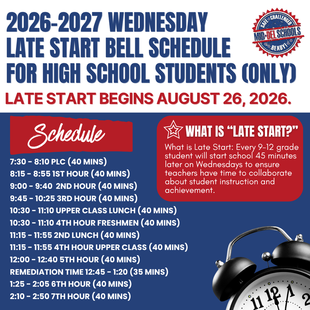 Schedule for late start on Wednesdays from August 26, 2026. Classes run from 8:15 AM to 2:50 PM.