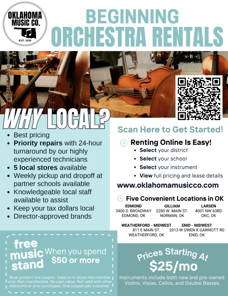 Flyer for Oklahoma Music Co's beginning orchestra rentals. Includes violin, cello, and double bass options. QR code to scan for further information.