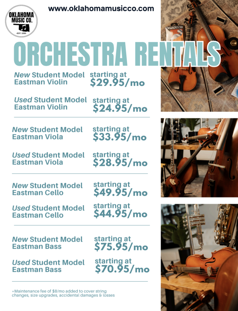 A promotional flyer for orchestra rentals. It lists various violins, violas, cellos, and bass instruments with their respective monthly rental prices.