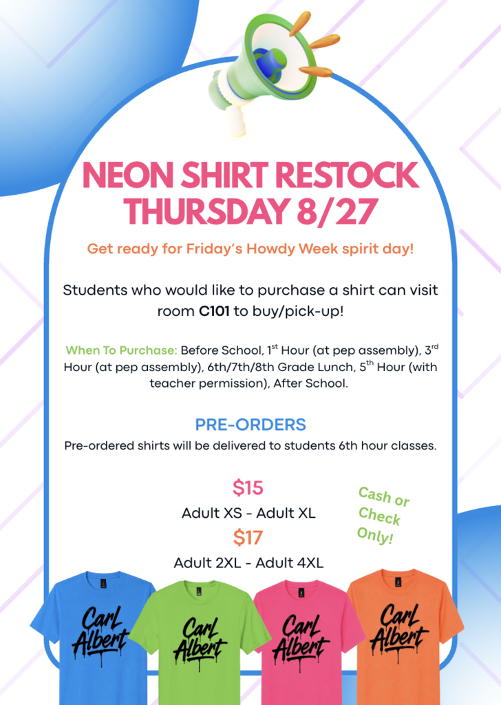 Advertisement with colorful shirts, a megaphone, and text: "NEON SHIRT RESTOCK THURSDAY 8/27" and details about pre-orders and purchasing times.