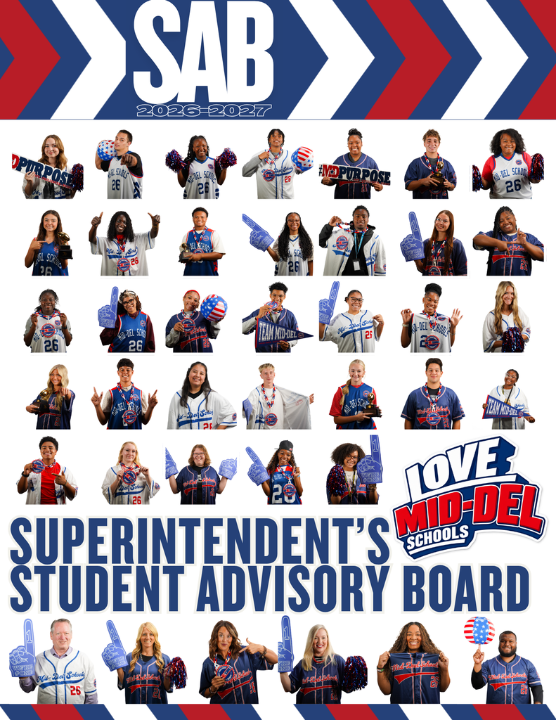 Grid of student photos with thumbs up, wearing team colors. "SAB", "LOVE", and "SUPERINTENDENT'S STUDENT ADVISORY BOARD" text in bold.