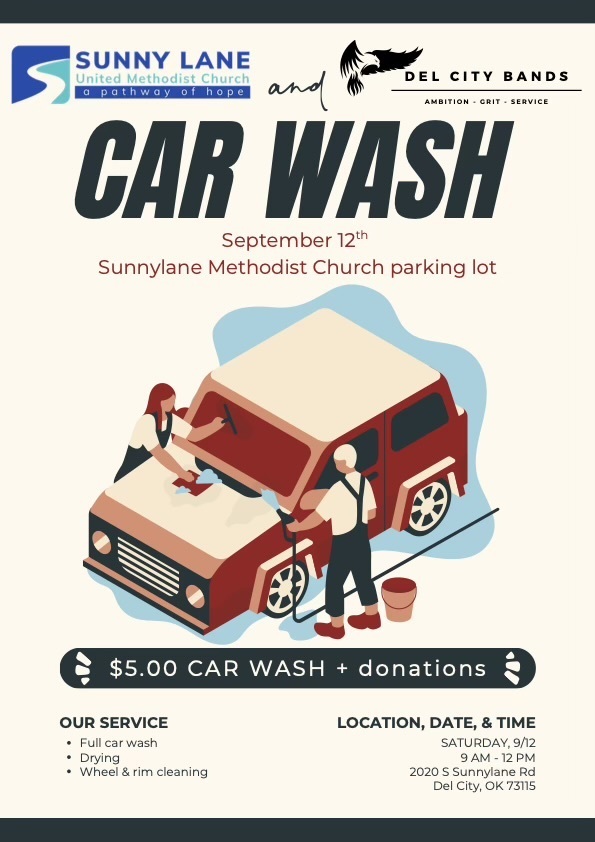 Flyer for car wash event on September 12th, showing two people washing a red car.