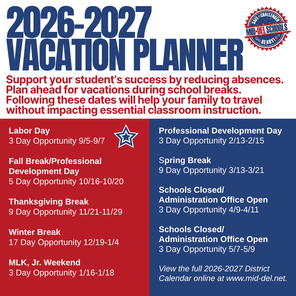 A colorful flyer with a red and blue background displays the 2026-2027 school calendar. It includes dates for breaks.