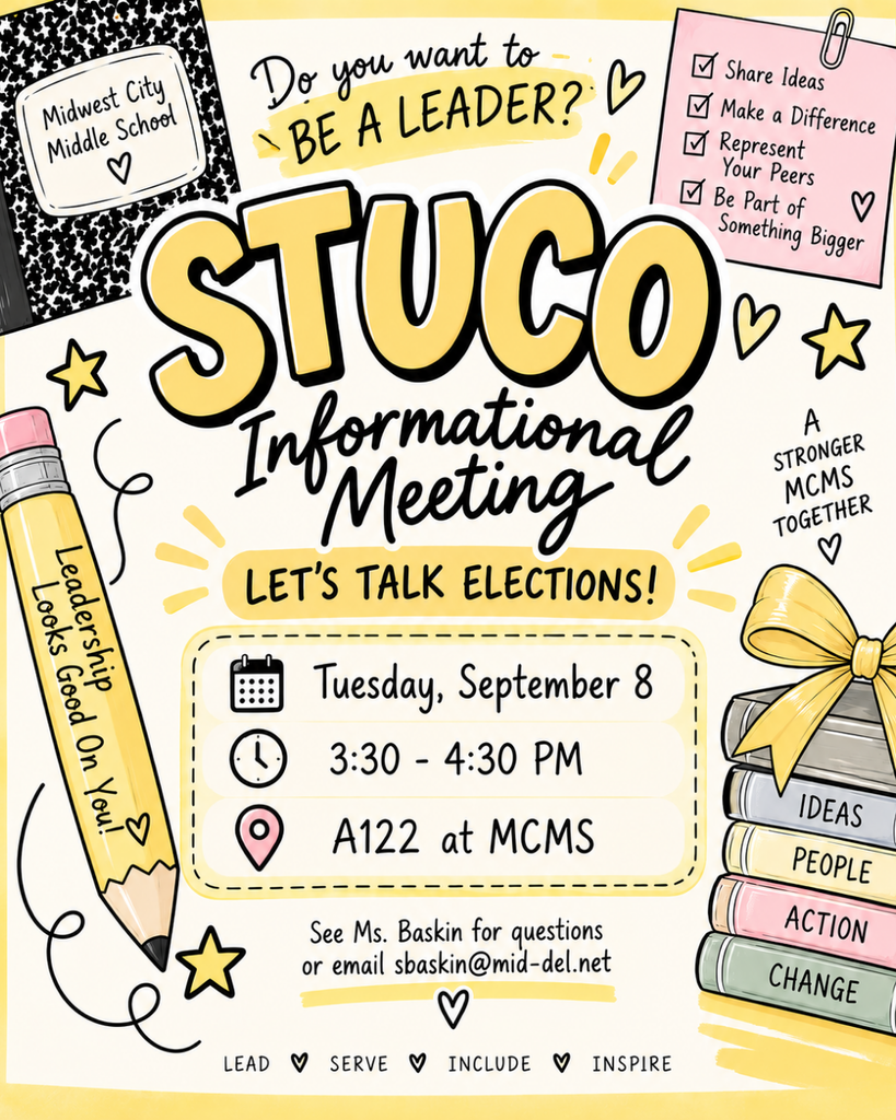 Flyer for STUCO informational meeting. Features a pencil, books, and a calendar. Date and location details included.